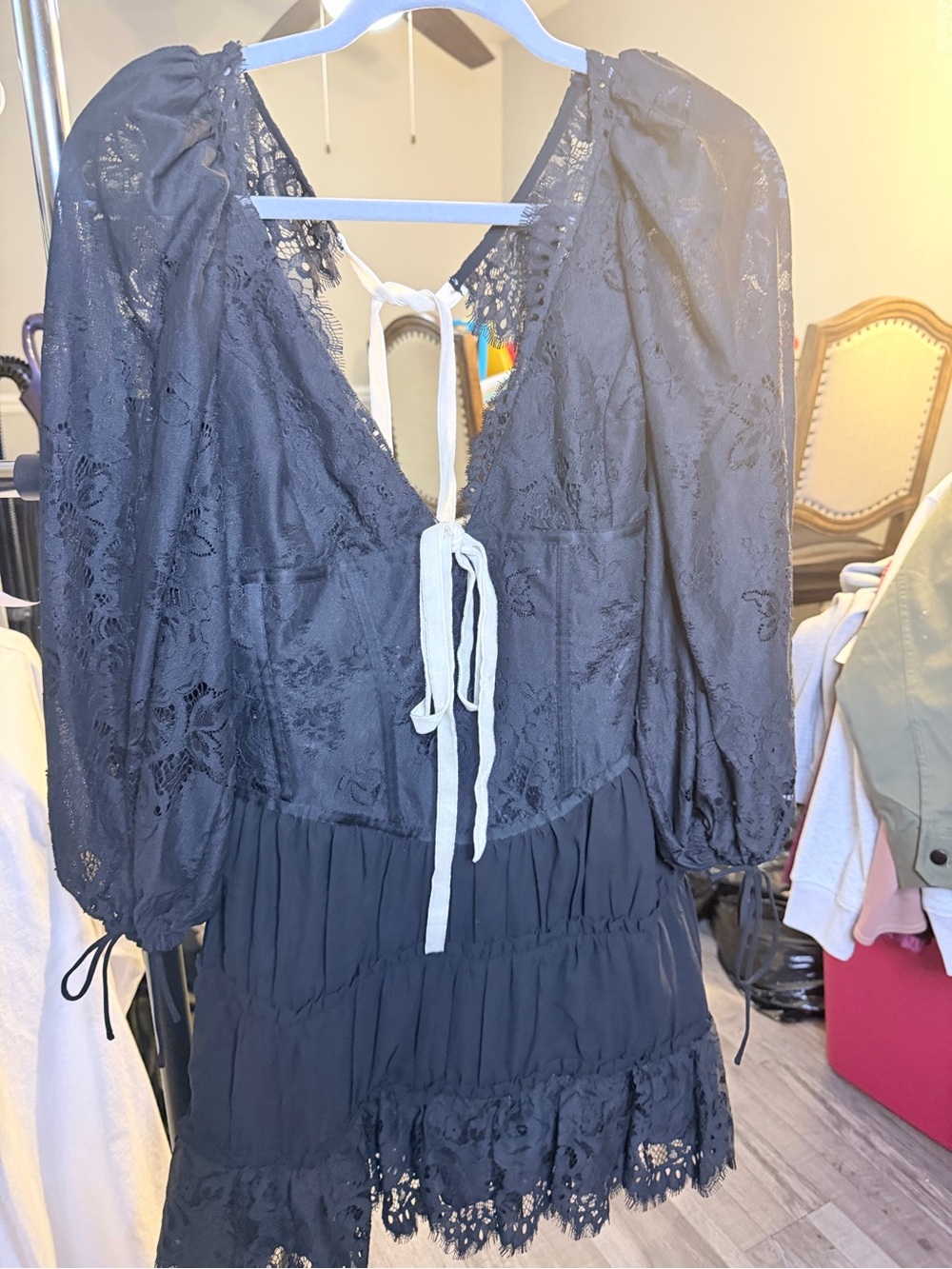 For Love & Lemons Black Lace Mini Dress with Contrast Ties